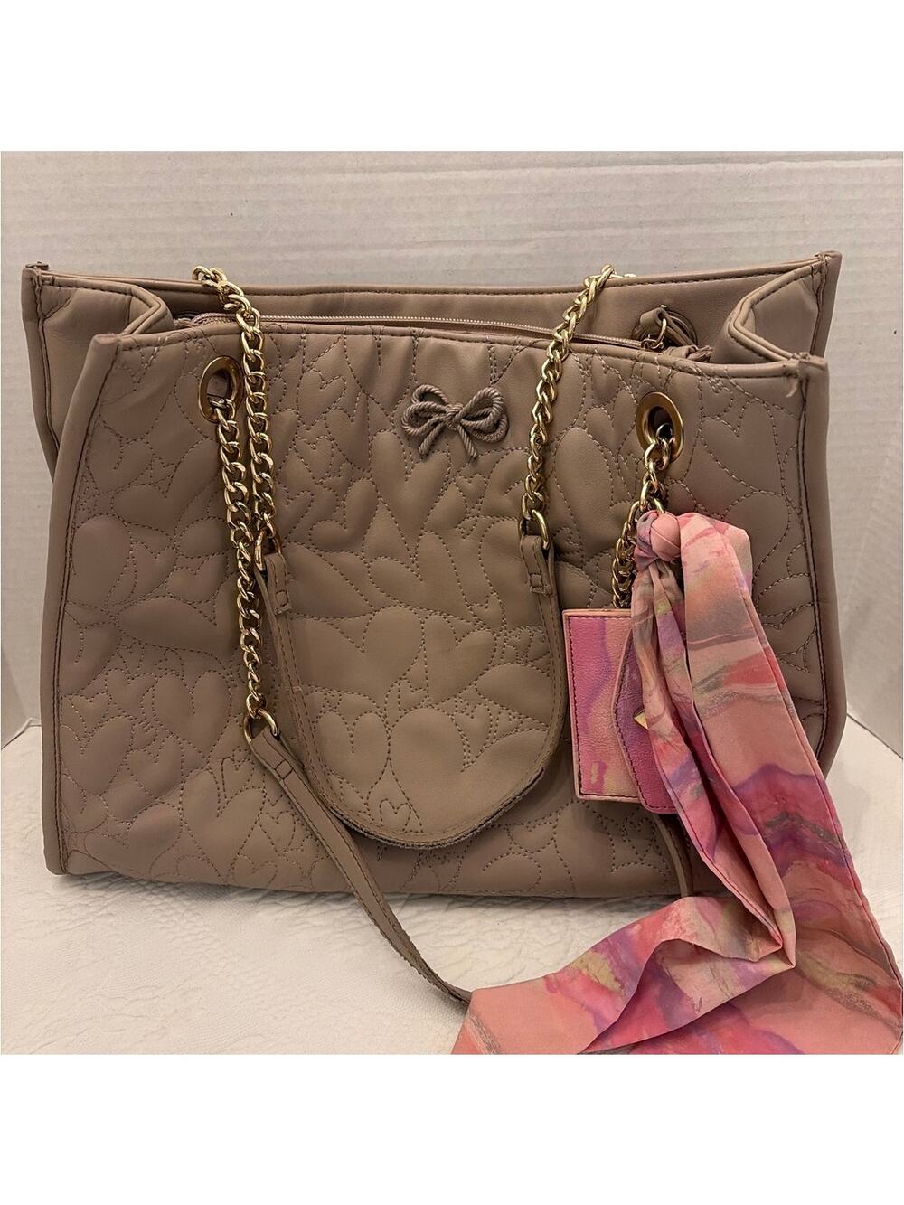 Betsey Johnson Taupe Quilted Heart Tote Shoulder Bag Scarf Charm Large